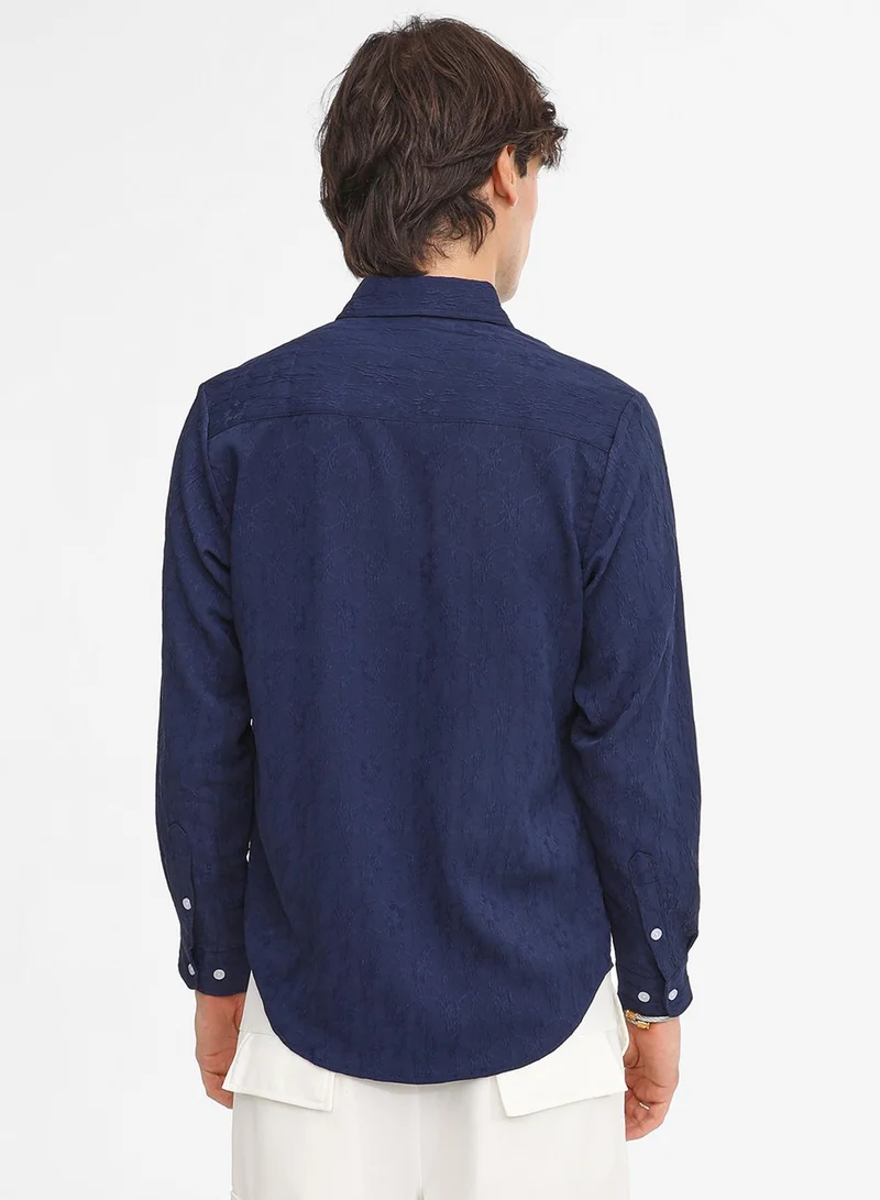 Campus Sutra Men's Navy Blue  Floral-Textured Shirt