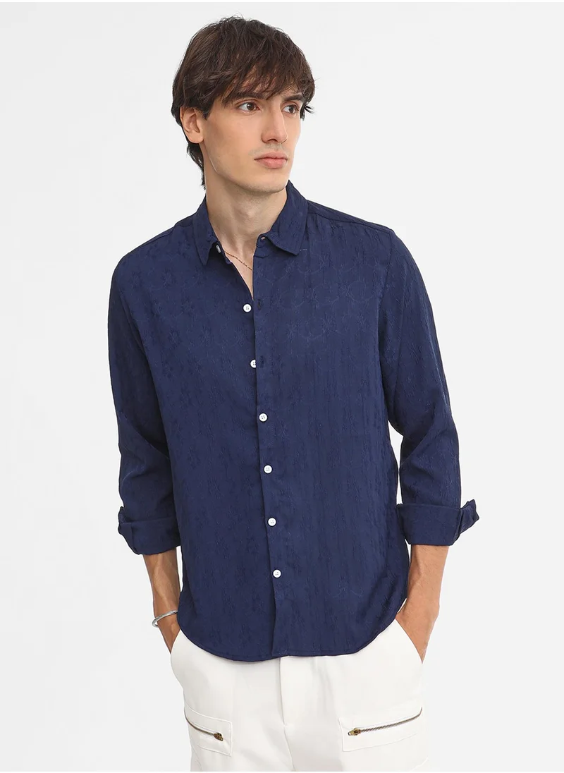 Campus Sutra Men's Navy Blue  Floral-Textured Shirt
