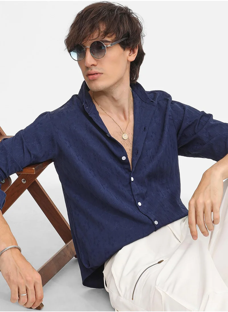 Campus Sutra Men's Navy Blue  Floral-Textured Shirt