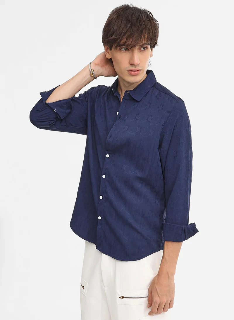 Campus Sutra Men's Navy Blue  Floral-Textured Shirt