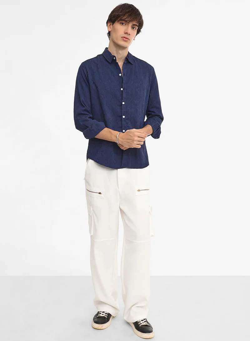 Campus Sutra Men's Navy Blue  Floral-Textured Shirt