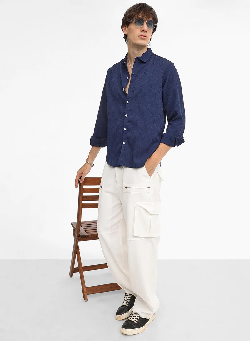 Campus Sutra Men's Navy Blue  Floral-Textured Shirt