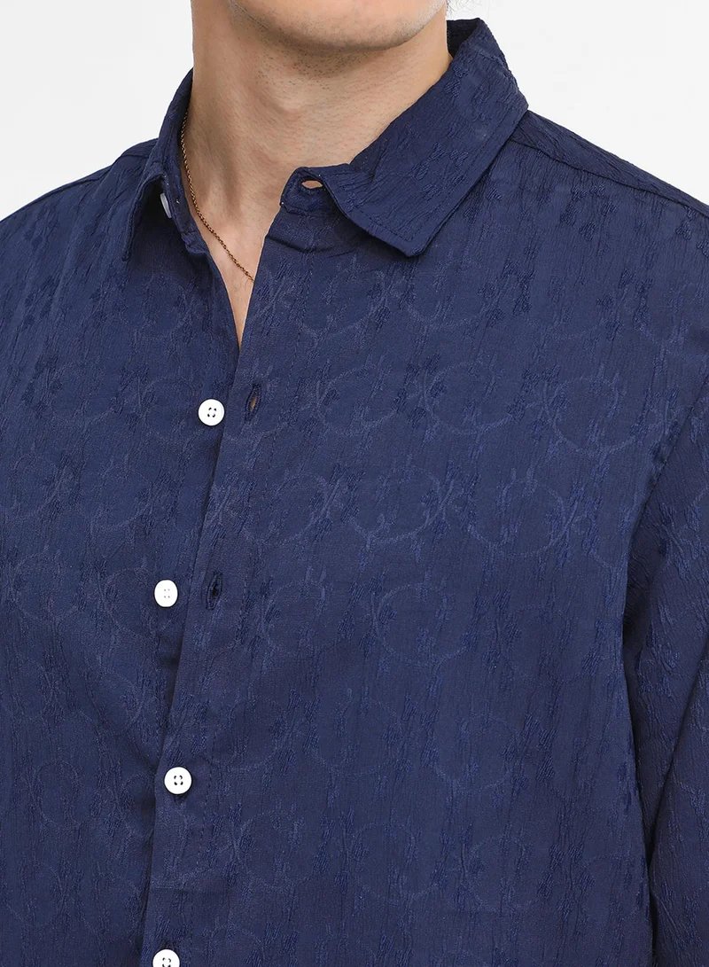 Campus Sutra Men's Navy Blue  Floral-Textured Shirt
