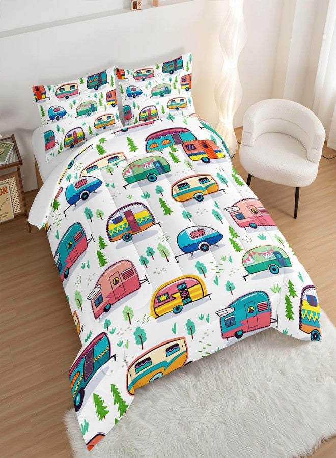 HOSIMA Happy Camping Bedding Queen Comforter Set for Girls Boys,Rustic Farmhouse Camping Trailer Bedding Set,Camping Trailer Forest Printed Comforter Kids Bedding Set with 2 Pillowcases. - Image 2