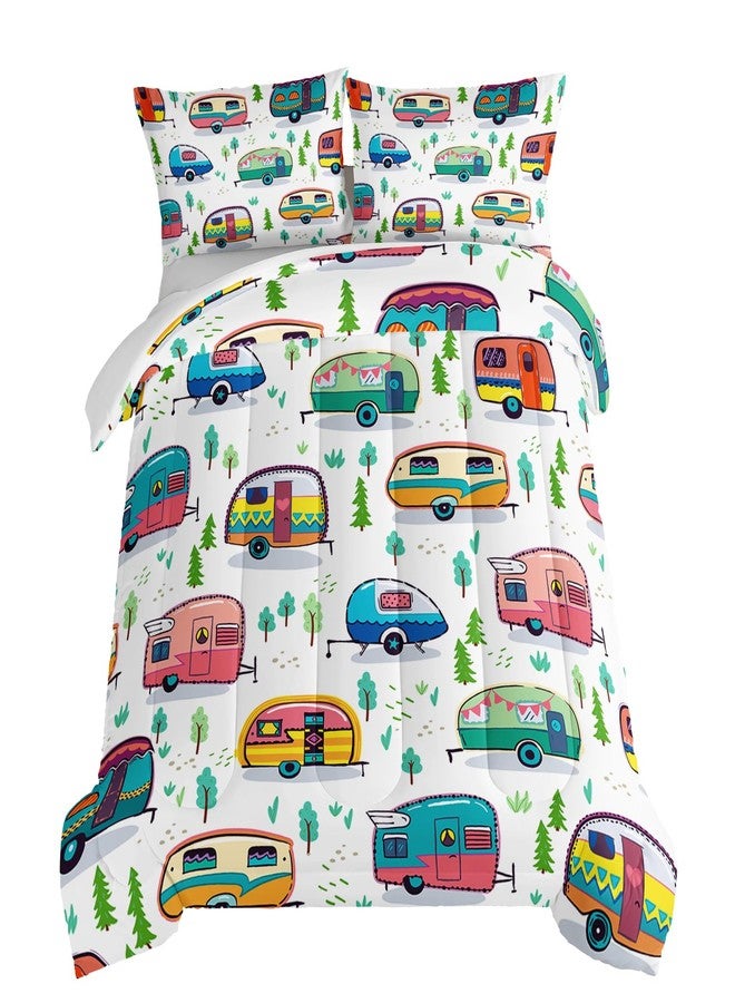 HOSIMA Happy Camping Bedding Queen Comforter Set for Girls Boys,Rustic Farmhouse Camping Trailer Bedding Set,Camping Trailer Forest Printed Comforter Kids Bedding Set with 2 Pillowcases. - Image 1