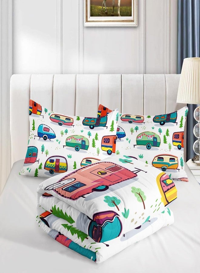 HOSIMA Happy Camping Bedding Queen Comforter Set for Girls Boys,Rustic Farmhouse Camping Trailer Bedding Set,Camping Trailer Forest Printed Comforter Kids Bedding Set with 2 Pillowcases. - Image 4