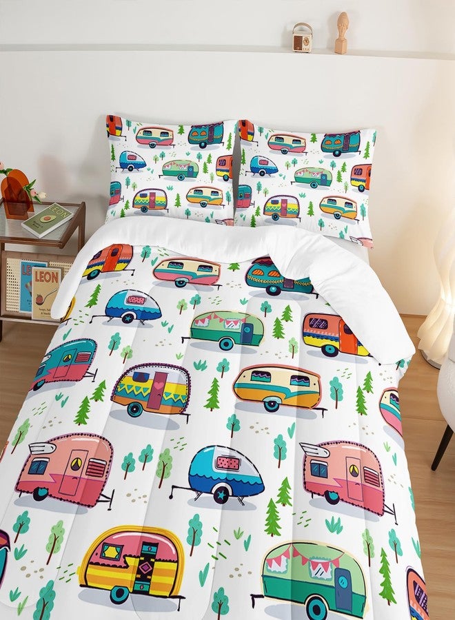 HOSIMA Happy Camping Bedding Queen Comforter Set for Girls Boys,Rustic Farmhouse Camping Trailer Bedding Set,Camping Trailer Forest Printed Comforter Kids Bedding Set with 2 Pillowcases. - Image 3