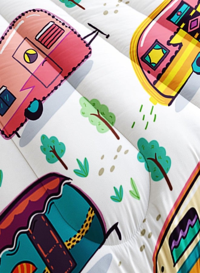 HOSIMA Happy Camping Bedding Queen Comforter Set for Girls Boys,Rustic Farmhouse Camping Trailer Bedding Set,Camping Trailer Forest Printed Comforter Kids Bedding Set with 2 Pillowcases. - Image 5
