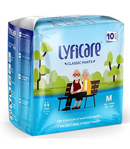 Lyficare Classic Adult Diaper Medium Size (M) - 10 Units | Unisex Diapers Pants Style | Waist (60-85 cm) | Wetness Indicator, Super Absorption, 360° Protection & 0% Leakage | For Men & Women - Image 1