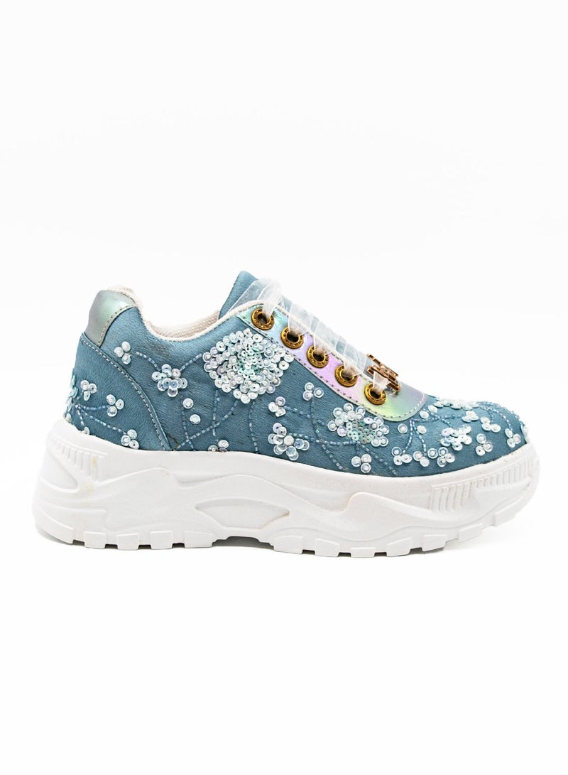 RETTROSE The Maeve Luxury Dusky Blue Satin Handmade Embellished Trainers  - Image 1