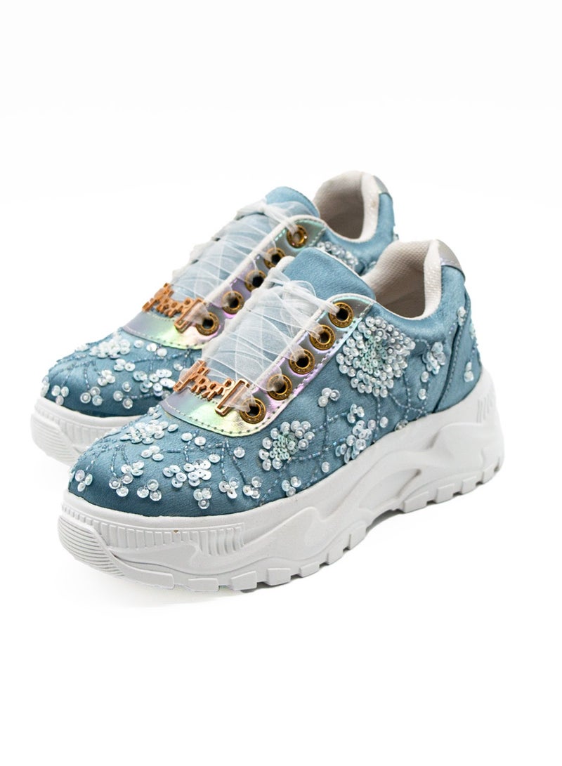 RETTROSE The Maeve Luxury Dusky Blue Satin Handmade Embellished Trainers  - Image 2