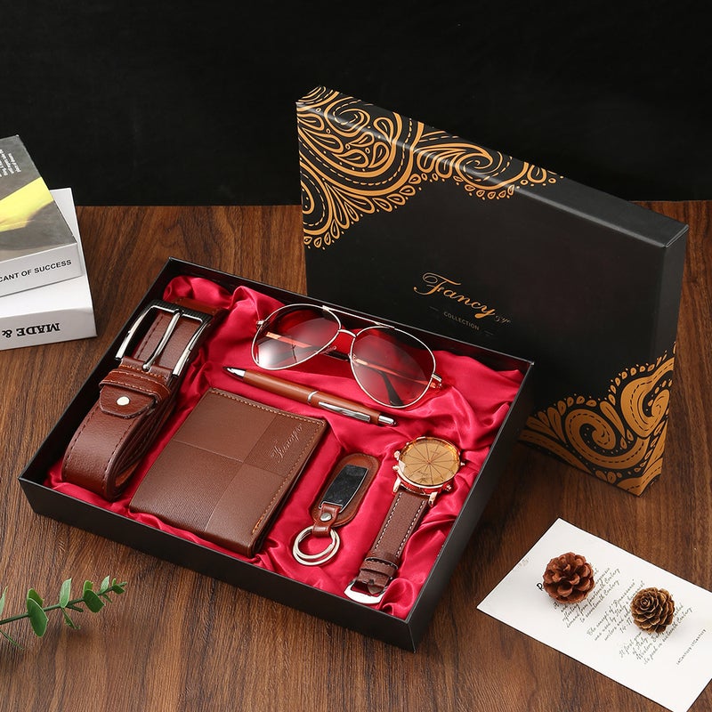 Watch Gift Box Mens Business Gift Set Wallet Belt Souvenir Fathers Day Cross-Border Birthday Gift 520 7-piece coffee color set: belt + wallet + watch + keychain + pen + sunglasses + exquisite gift box