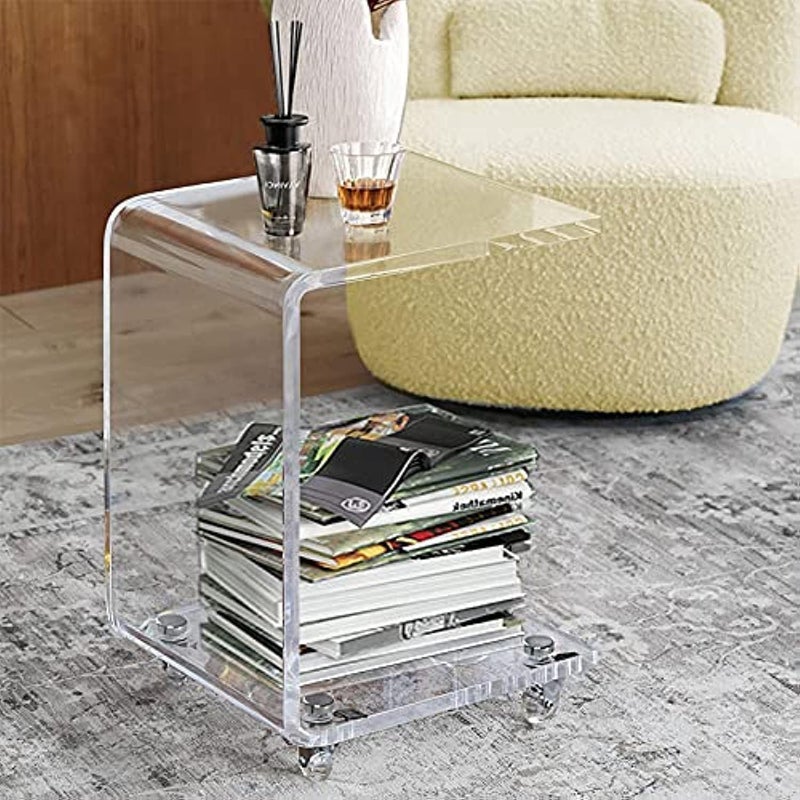 ONELUX Mobile C Shaped End TableAcrylic Sofa Side Table Snack Table On WheelsClear Rolling Table
