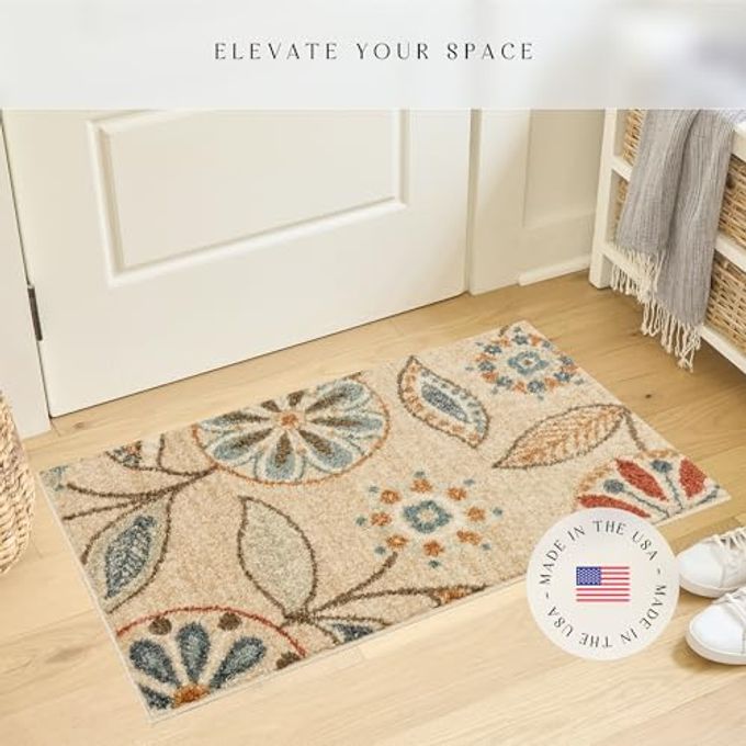 Maples Rugs Reggie Floral Runner Rug Made in USA Washable, Non Slip Indoor Carpet for Kitchen, Hallway, and Laundry Room, 1'8 x 4', Beige - Image 2
