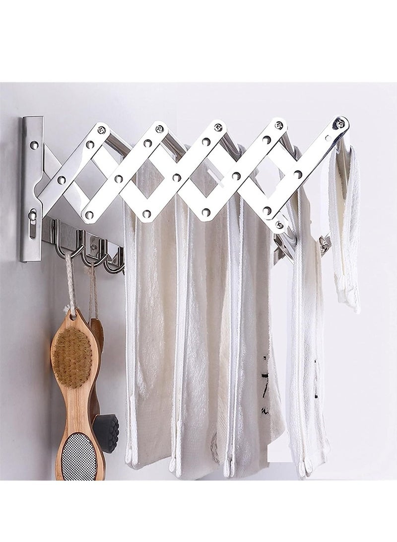 DubaiGallery Clothes Drying Rack Folding Towel Rack Laundry Dryer Wall Mounted Hanger Indoor Outdoor With Hooks Metal Silver Space Saver  - Image 4