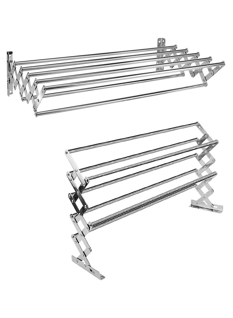 DubaiGallery Clothes Drying Rack Folding Towel Rack Laundry Dryer Wall Mounted Hanger Indoor Outdoor With Hooks Metal Silver Space Saver  - Image 2