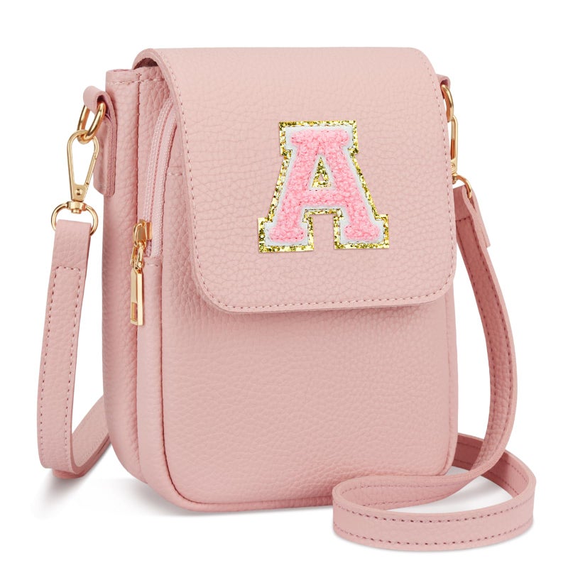 CLOUDWINGS Gift for Girls Small Initial Crossbody Bag for Teens Vegan Leather Cell Phone Kids Purse (Pink-A) - Image 1