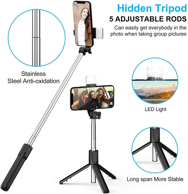 HOLD UP Selfie Stick with Tripod Stand, 3 in 1 Multifunctional Design, Rechargable LED Light with Two Brighness Levels for Make up, Selfie, Vlogging & Photo Shoot, Selfie Stick with Bluetooth Remote - Image 4