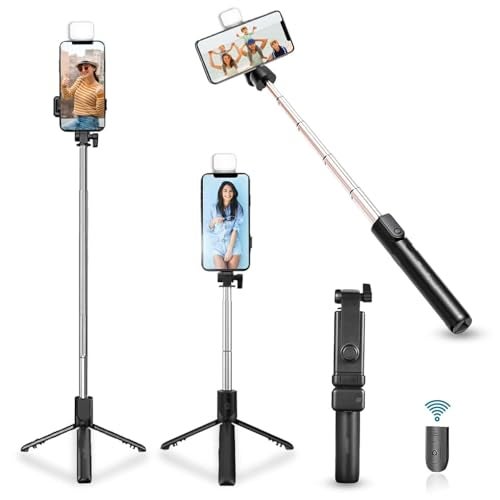 HOLD UP Selfie Stick with Tripod Stand, 3 in 1 Multifunctional Design, Rechargable LED Light with Two Brighness Levels for Make up, Selfie, Vlogging & Photo Shoot, Selfie Stick with Bluetooth Remote - Image 1