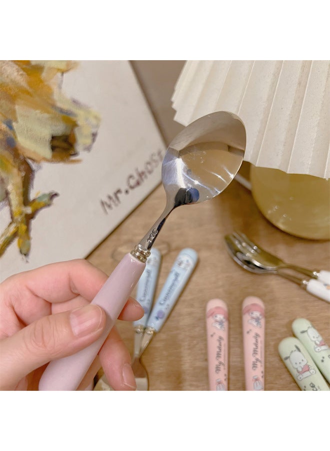 Korean Style Soup Spoon Stainless Steel High Color Value Kulomi Sanrio Ceramic Spoon Student Special Spoon Fork Suit-Specifications:Kurome Spoon And Fork (folding Box) - Image 4