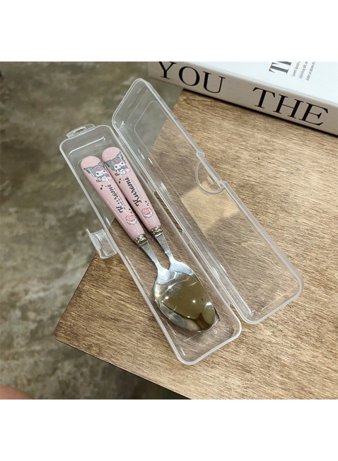 Korean Style Soup Spoon Stainless Steel High Color Value Kulomi Sanrio Ceramic Spoon Student Special Spoon Fork Suit-Specifications:Kurome Spoon And Fork (folding Box) - Image 1