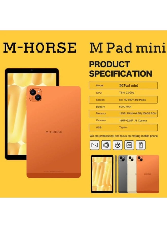 إم-هورس جهاز لوحي M-HORSE M Pad MINI بنظام أندرويد وشاشة 8.8 بوصة، مع لوحة مفاتيح ذكية تعمل بالبلوتوث وقلم، ذاكرة وصول عشوائي (RAM) سعة 12 جيجابايت، سعة تخزين 256 جيجابايت، واي فاي، شريحة اتصال، اللون البرتقالي. - Image 2