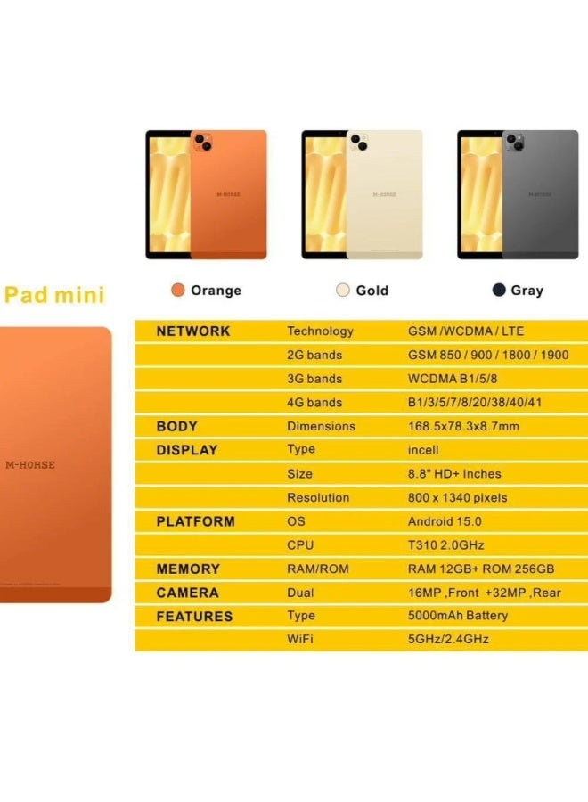 إم-هورس جهاز لوحي M-HORSE M Pad MINI بنظام أندرويد وشاشة 8.8 بوصة، مع لوحة مفاتيح ذكية تعمل بالبلوتوث وقلم، ذاكرة وصول عشوائي (RAM) سعة 12 جيجابايت، سعة تخزين 256 جيجابايت، واي فاي، شريحة اتصال، اللون البرتقالي. - Image 4