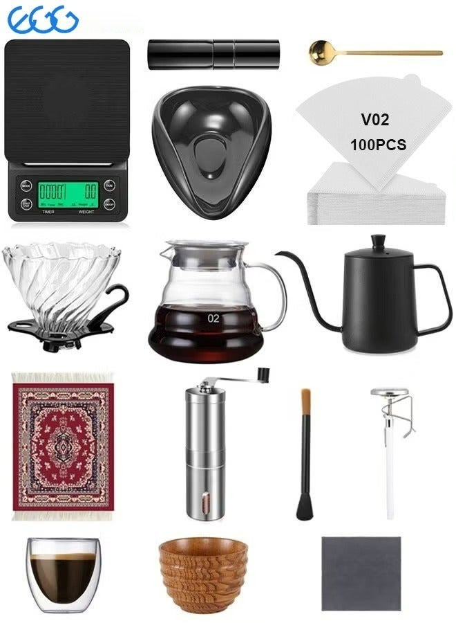 إج مجموعة صانعة القهوة بالتنقيط V60، 15 قطعة مع ميزان لتقطير القهوة، صينية لوزن حبوب القهوة، مطحنة حبوب القهوة، زجاجة رش لحبوب القهوة، ملعقة قهوة، فلتر ورقي للقهوة، فلتر لتقطير القهوة، إبريق مشاركة القهوة، إبريق يدوي ذو عنق نحيل، فوهة مقيّدة لإبريق تقطير القهوة، سجادة كوب القهوة، مقياس حرارة القهوة، كوب القهوة، مجموعة أدوات تنظيف القهوة، وحقيبة تخزين محمولة - Image 1