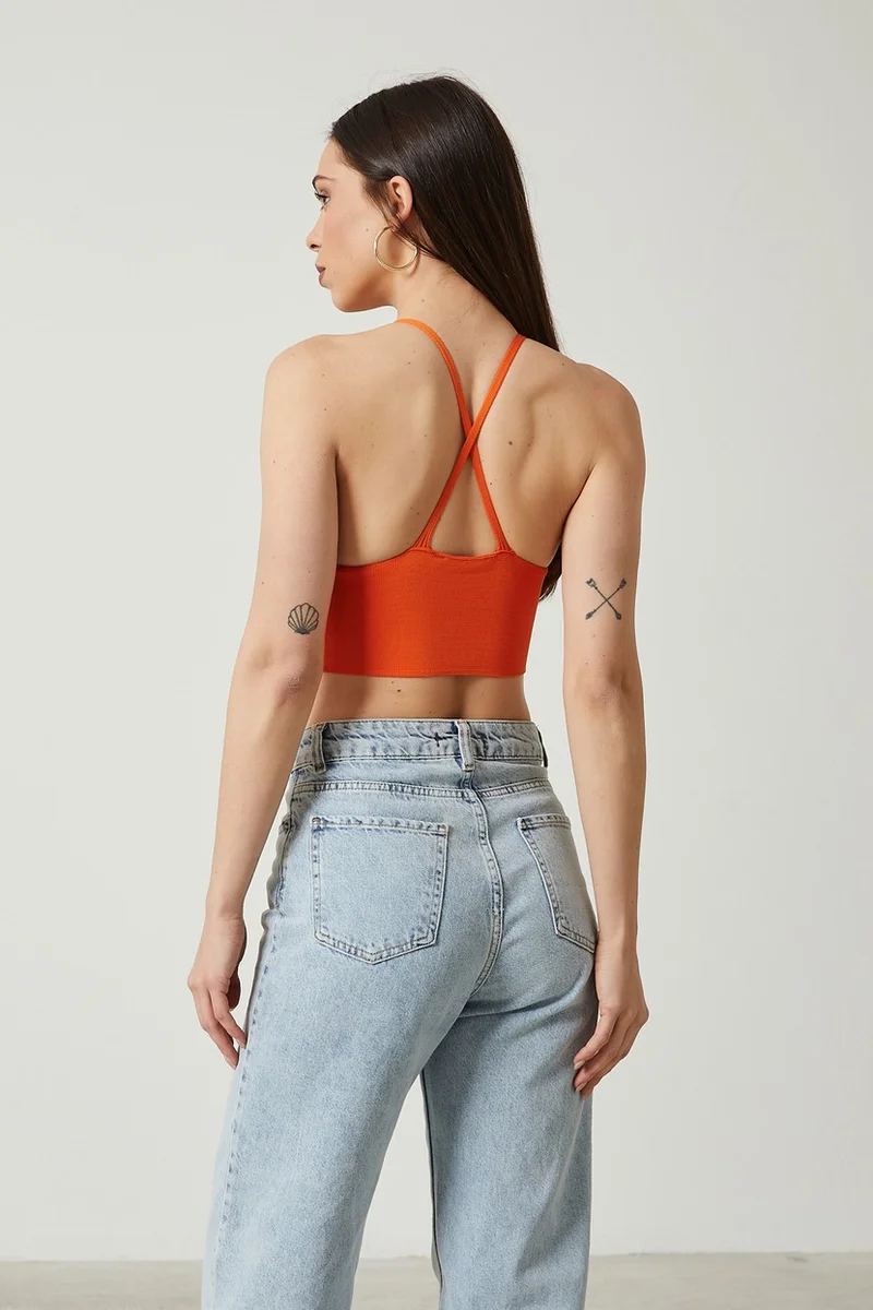 توينتي3 Women's Super Crop Back Detailed Knitwear Bustier Blouse