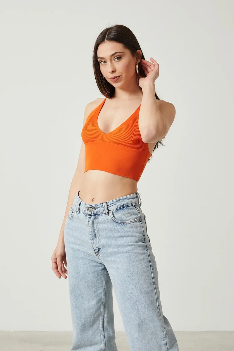 توينتي3 Women's Super Crop Back Detailed Knitwear Bustier Blouse