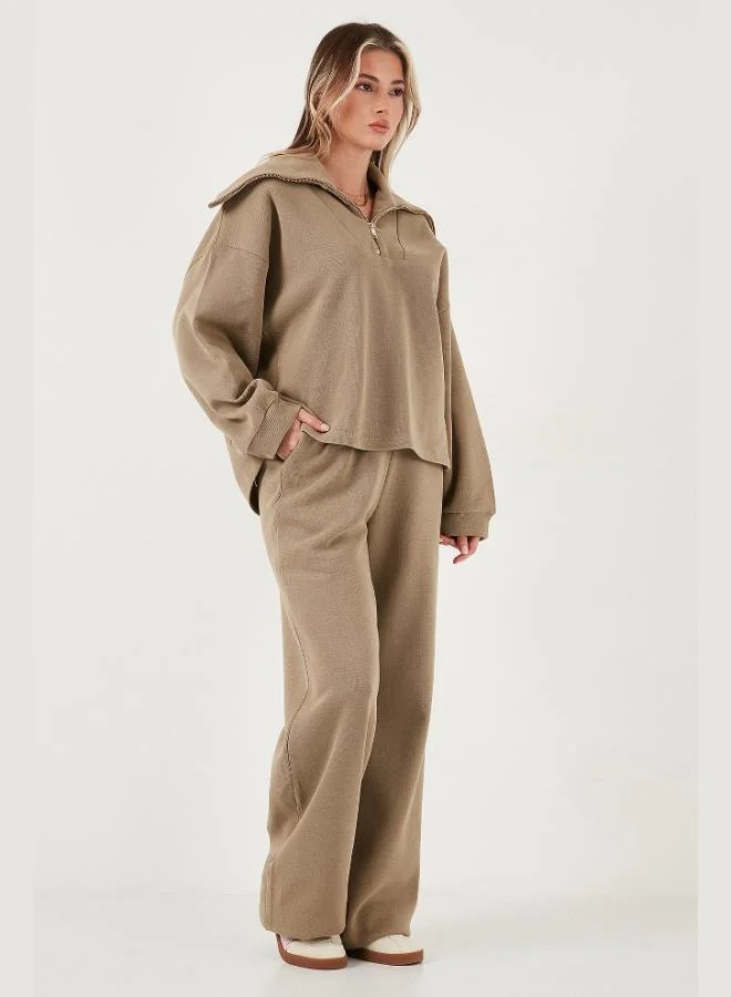 Lela Lela Cotton Oversize Fit Half Zippered Collar Long Sleeve Knitwear Suit Women's SET 68351218