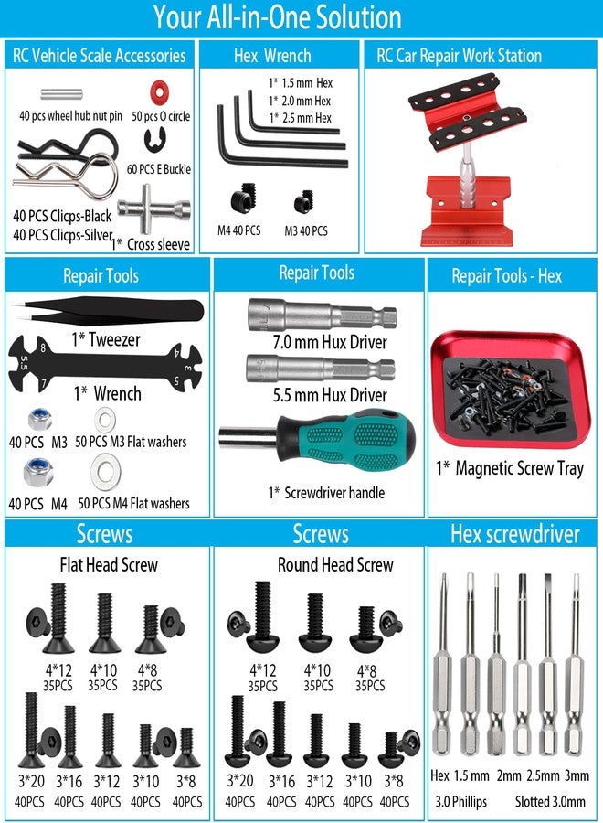 Kimapeso RC Car Repair Work Stand, 1100pcs RC Screw Kit and Vehicle Scale Accessories for Traxxas Axial Redcat Arrma HPI HSP SCX10 RC4WD 1/8 1/10 1/12 1/16 Scale RC Crawler Truck Buggy Car - Image 2