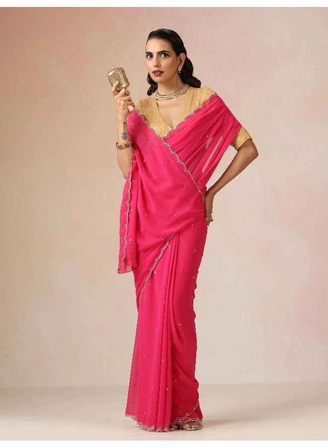 trueBrowns trueBrowns Pink Georgette Embroidered Saree With unstitched Blouse