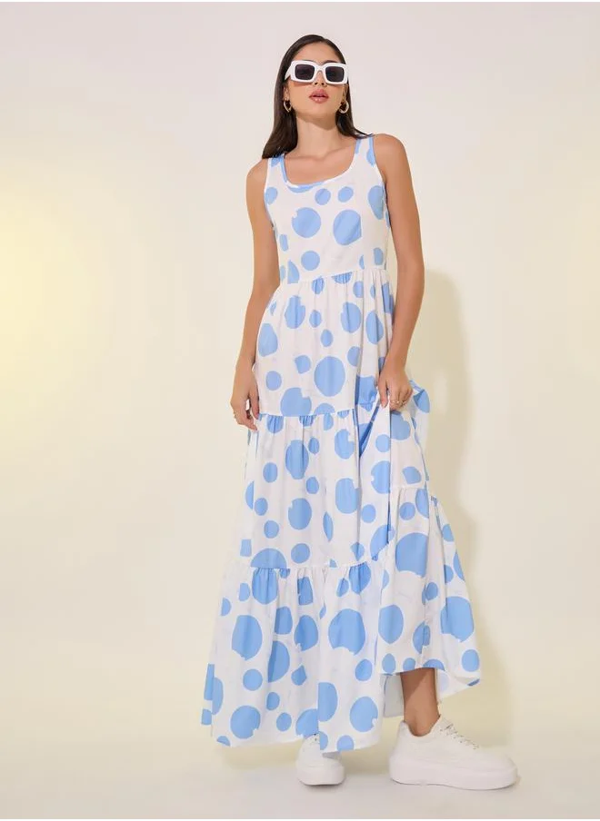 ستايلي Printed Round Neck Sleeveless Tiered Maxi Dress