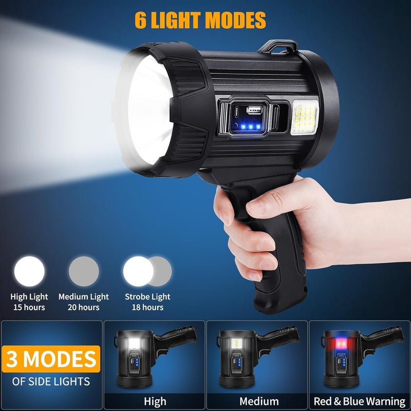 BLURISM Rechargeable Spotlight 90000 Lumens Handheld Hunting Flashlight Led Spot Light with Cob Light and Solar Panels Lightweight and Super Bright Spotlight for Hunting Boating Camping - Image 5