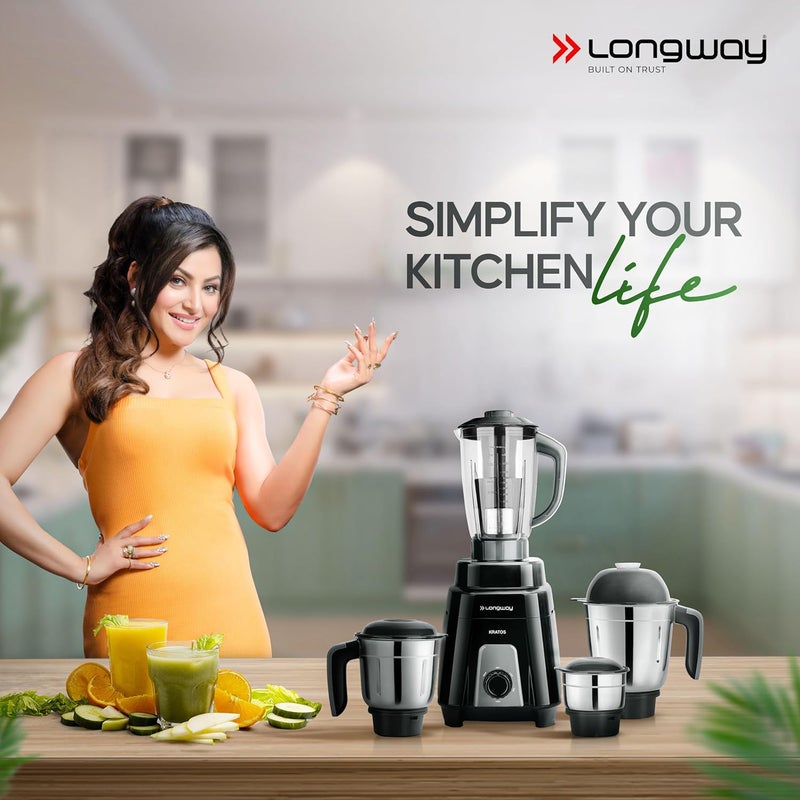 LONGWAY عصارة خلاط كهربائي لونغواي كراتوس 1000 واط مع أوعية متعددة الأغراض للطحن، الخلط، والعصير مع شفرات من الفولاذ المقاوم للصدأ | ضمان لمدة سنة | (أسود، 4 أوعية) - Image 2