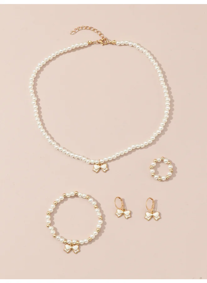 تايك تو Take Two Set of 4 - Bow Pendant Faux Pearl Necklace, Bracelet, Earrings and Ring