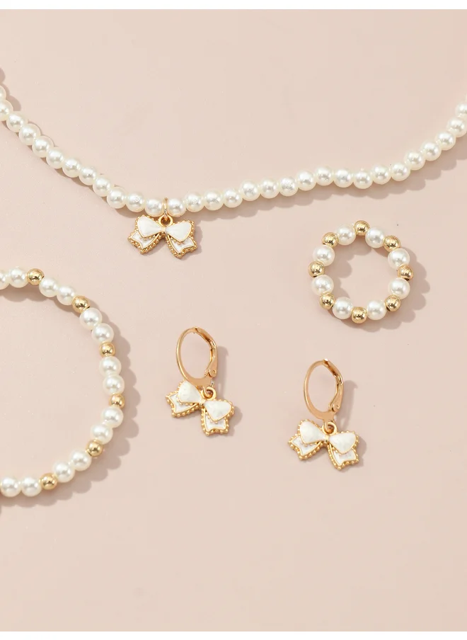 تايك تو Take Two Set of 4 - Bow Pendant Faux Pearl Necklace, Bracelet, Earrings and Ring