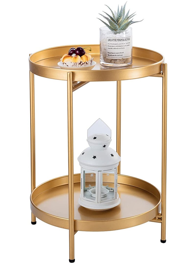 Roman Gifts - 2 Tier Round End Table Metal Sofa Side Table Foldable Small Coffee Table - Image 1