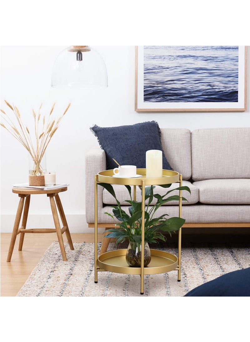 Roman Gifts - 2 Tier Round End Table Metal Sofa Side Table Foldable Small Coffee Table - Image 1
