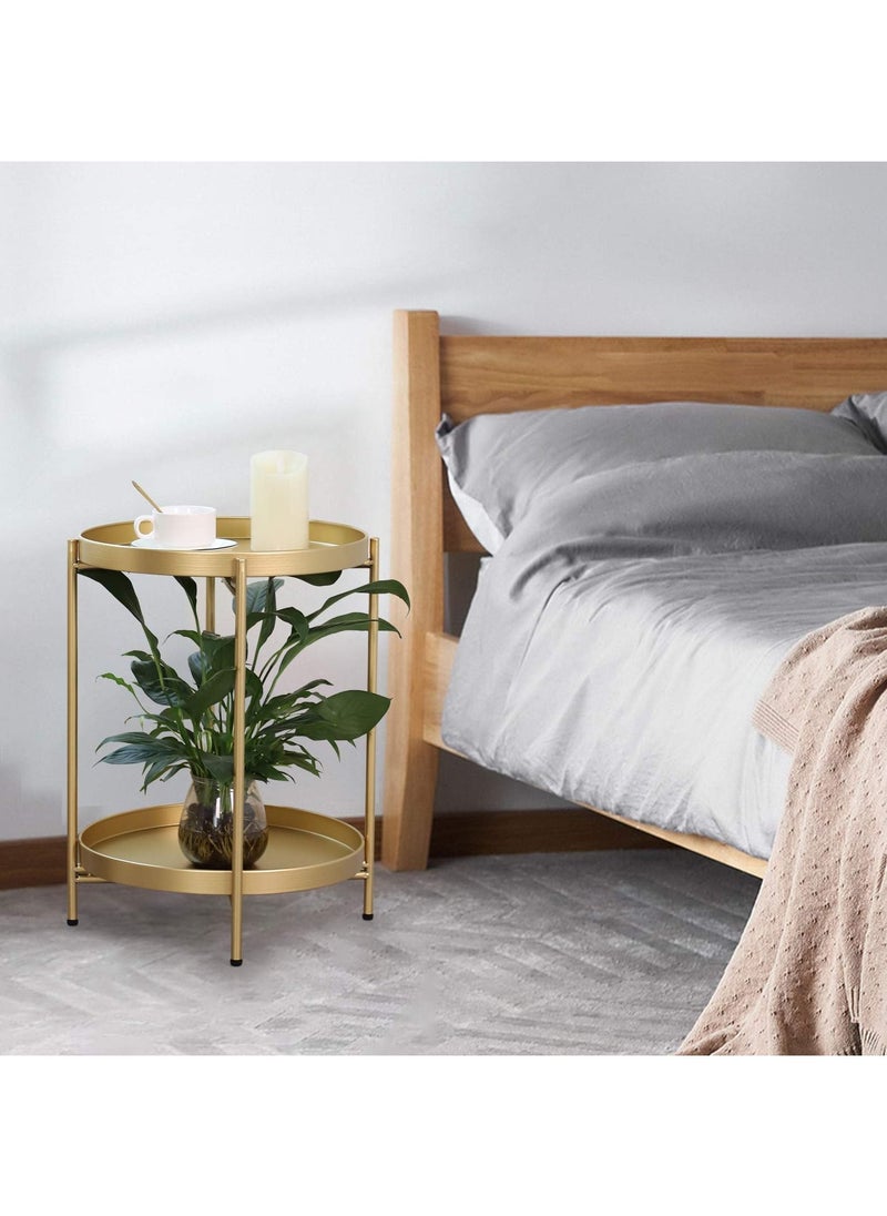 Roman Gifts - 2 Tier Round End Table Metal Sofa Side Table Foldable Small Coffee Table - Image 1