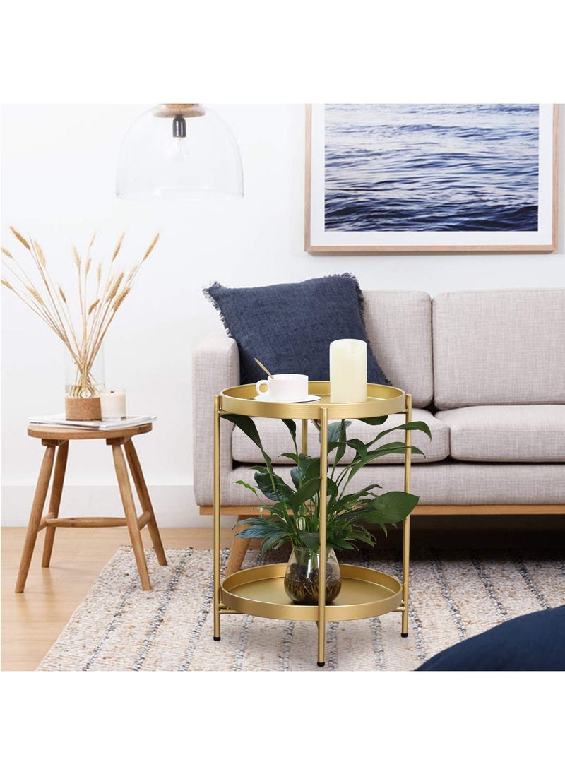 Roman Gifts - 2 Tier Round End Table Metal Sofa Side Table Foldable Small Coffee Table - Image 1