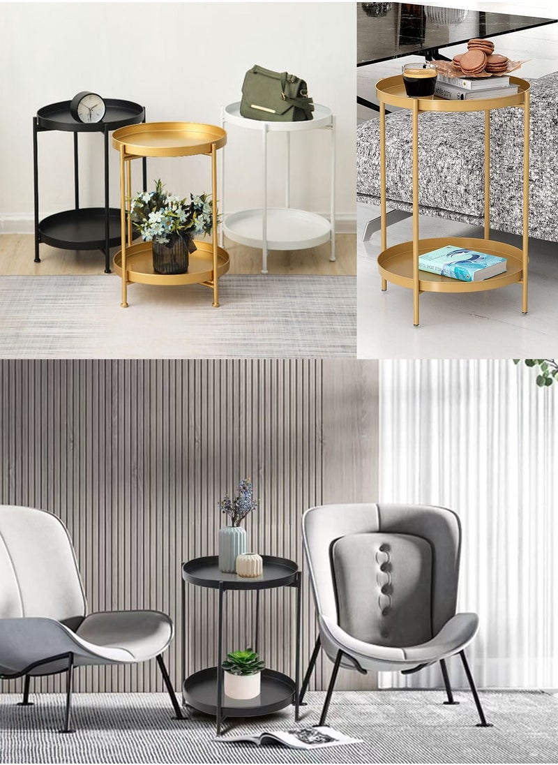 Roman Gifts - 2 Tier Round End Table Metal Sofa Side Table Foldable Small Coffee Table - Image 1