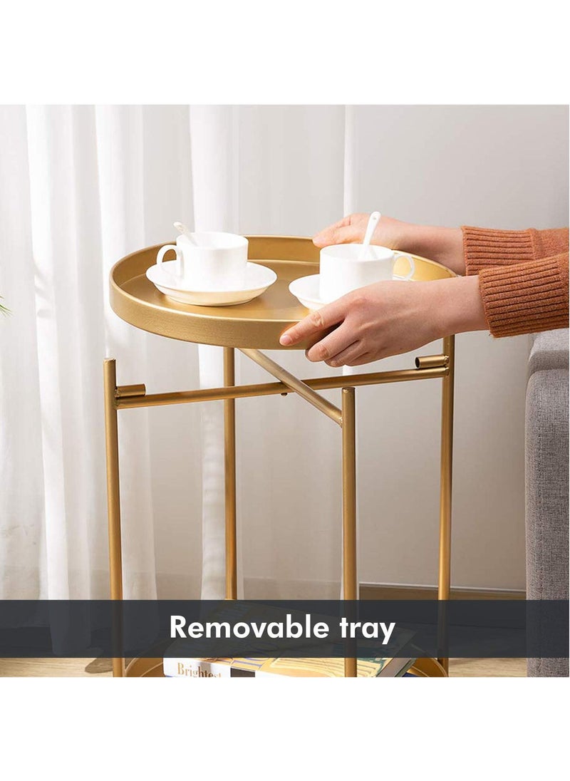 Roman Gifts - 2 Tier Round End Table Metal Sofa Side Table Foldable Small Coffee Table - Image 1