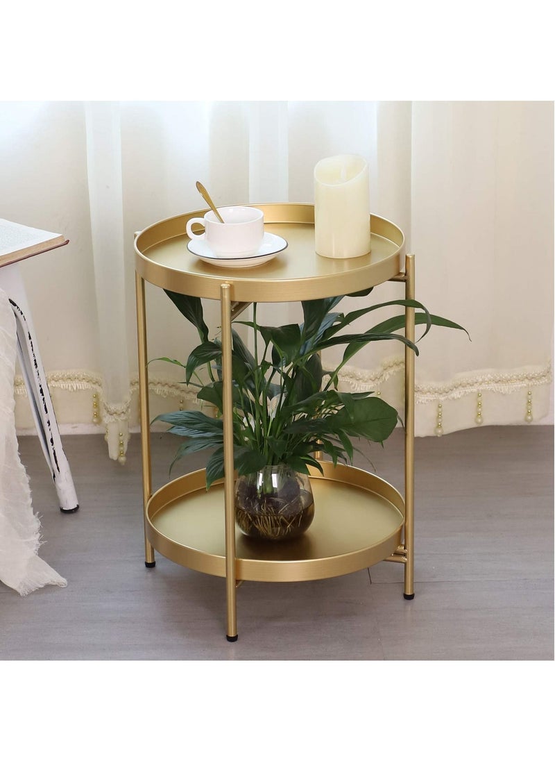 Roman Gifts - 2 Tier Round End Table Metal Sofa Side Table Foldable Small Coffee Table - Image 1