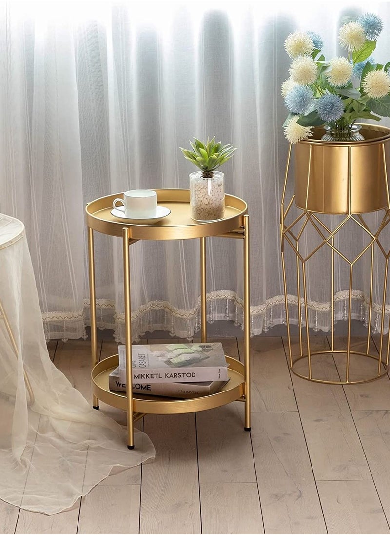 Roman Gifts - 2 Tier Round End Table Metal Sofa Side Table Foldable Small Coffee Table - Image 1
