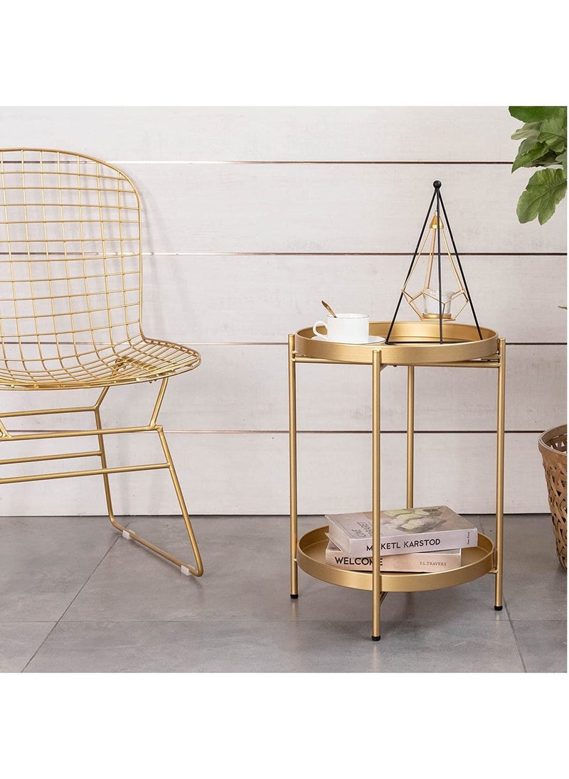 Roman Gifts - 2 Tier Round End Table Metal Sofa Side Table Foldable Small Coffee Table - Image 1
