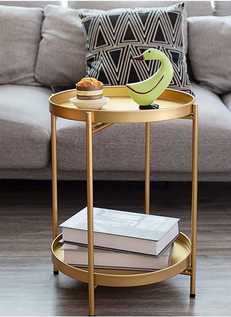 Roman Gifts - 2 Tier Round End Table Metal Sofa Side Table Foldable Small Coffee Table - Image 1
