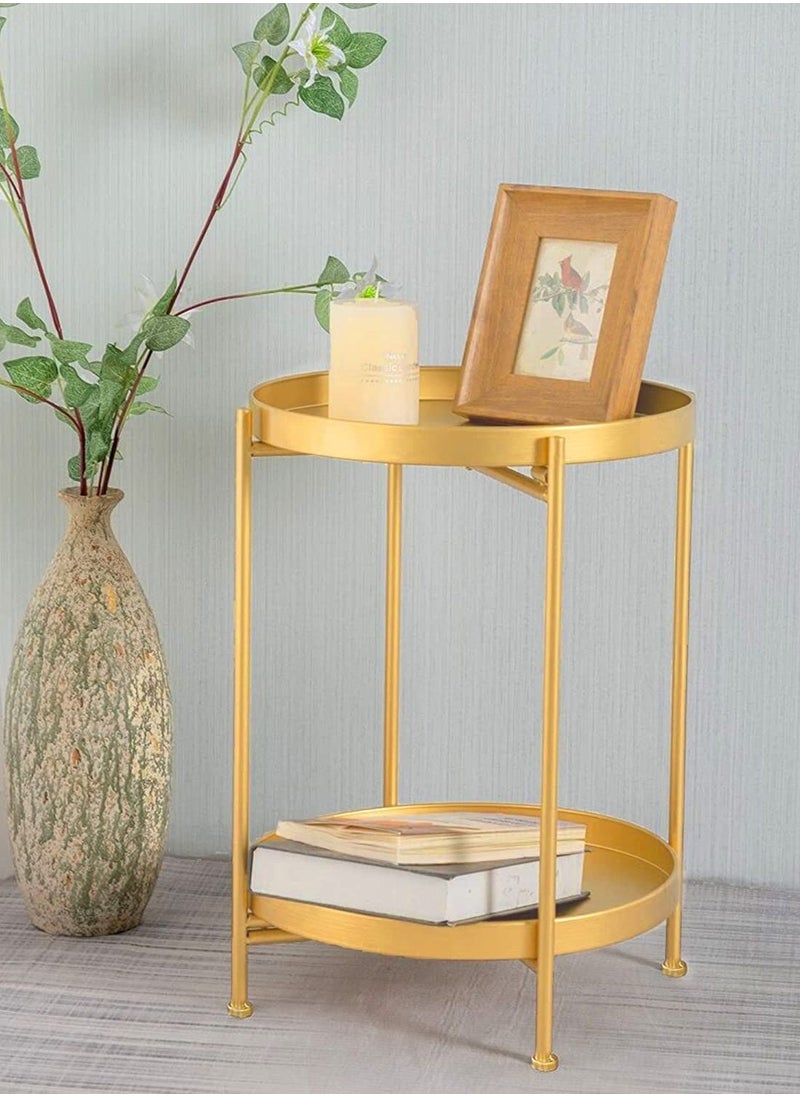 Roman Gifts - 2 Tier Round End Table Metal Sofa Side Table Foldable Small Coffee Table - Image 1