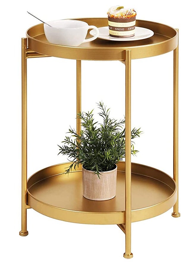 Roman Gifts - 2 Tier Round End Table Metal Sofa Side Table Foldable Small Coffee Table - Image 1